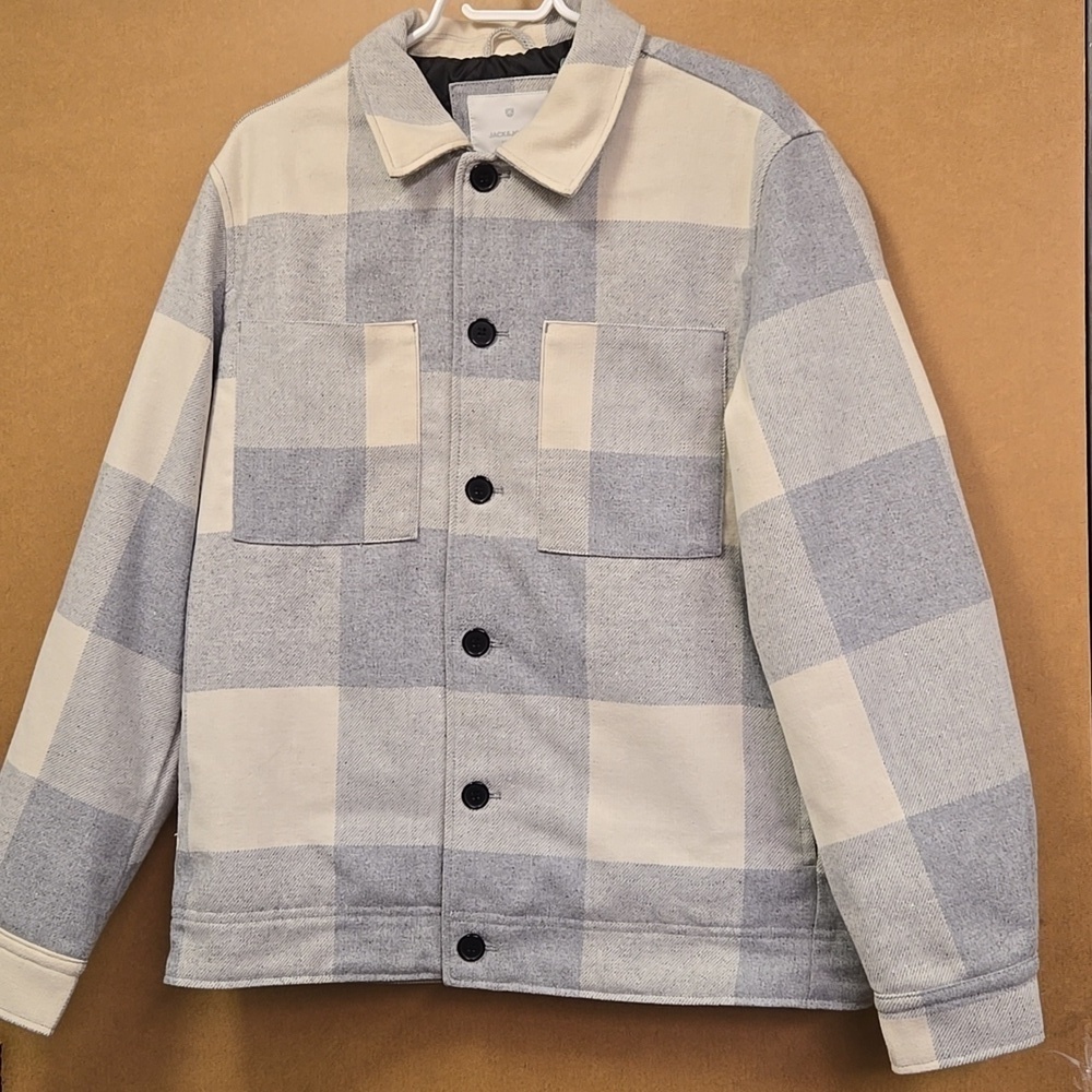 Jack & Jones Size L Cream and Grey Checkered Button Down Jacket
